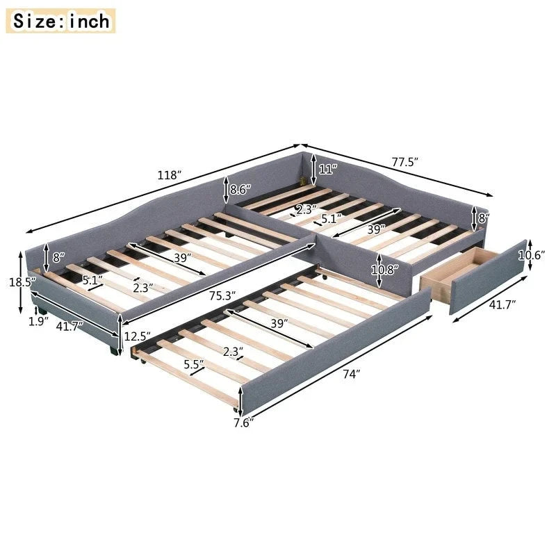 Lit de repos double en forme de L avec lit gigogne, lit de repos rembourré avec tiroir de rangement, lit plateforme double jumeau pour chambre à coucher