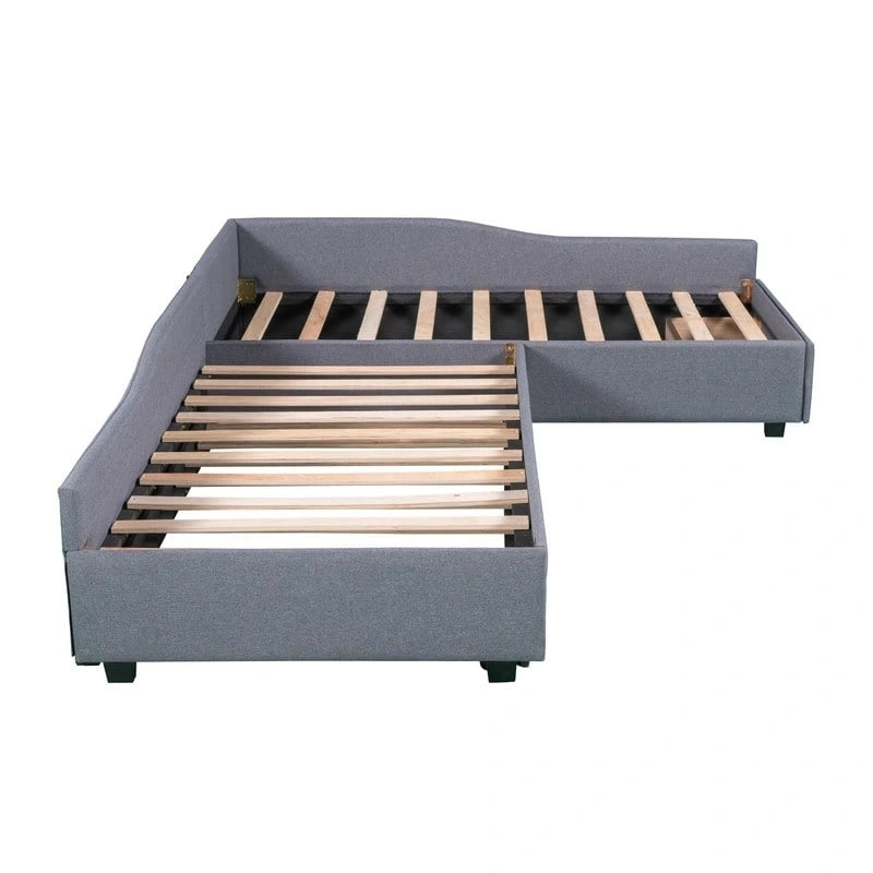 Lit de repos double en forme de L avec lit gigogne, lit de repos rembourré avec tiroir de rangement, lit plateforme double jumeau pour chambre à coucher