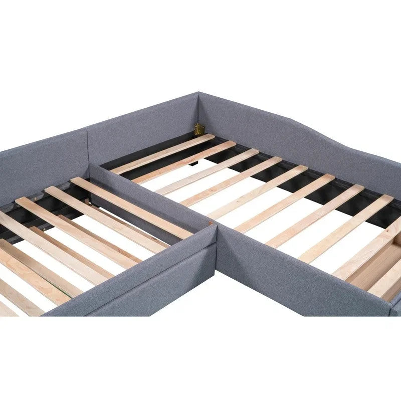 Lit de repos double en forme de L avec lit gigogne, lit de repos rembourré avec tiroir de rangement, lit plateforme double jumeau pour chambre à coucher