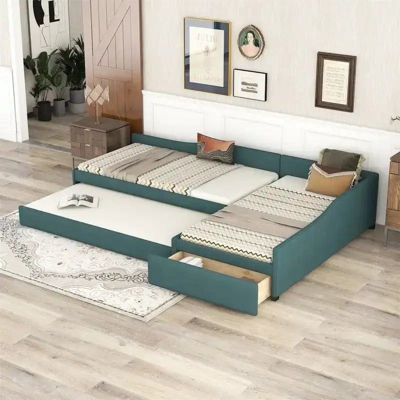 Lit de repos double en forme de L avec lit gigogne, lit de repos rembourré avec tiroir de rangement, lit plateforme double jumeau pour chambre à coucher