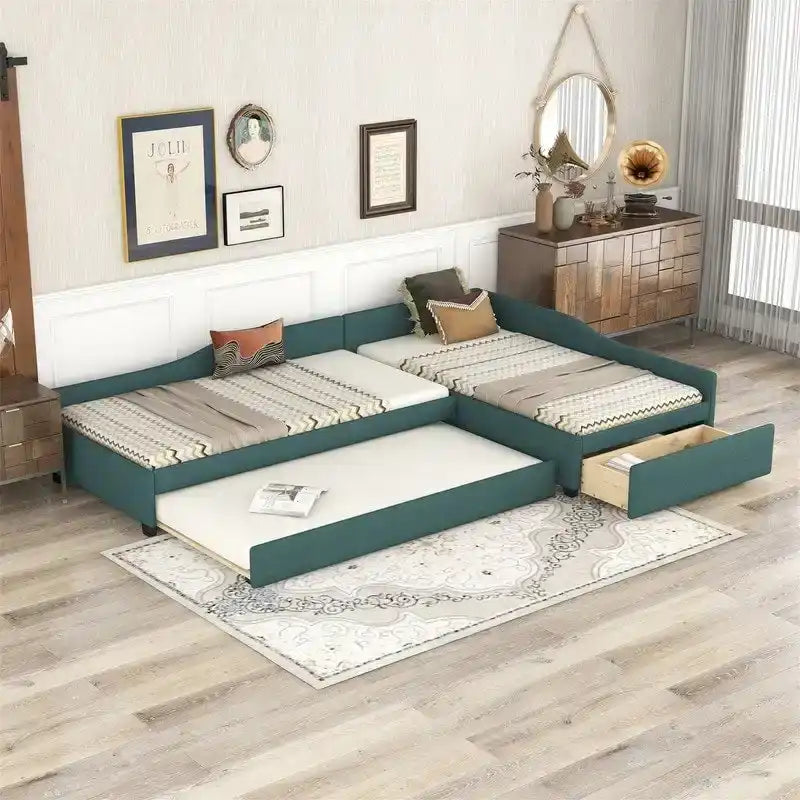 Lit de repos double en forme de L avec lit gigogne, lit de repos rembourré avec tiroir de rangement, lit plateforme double jumeau pour chambre à coucher