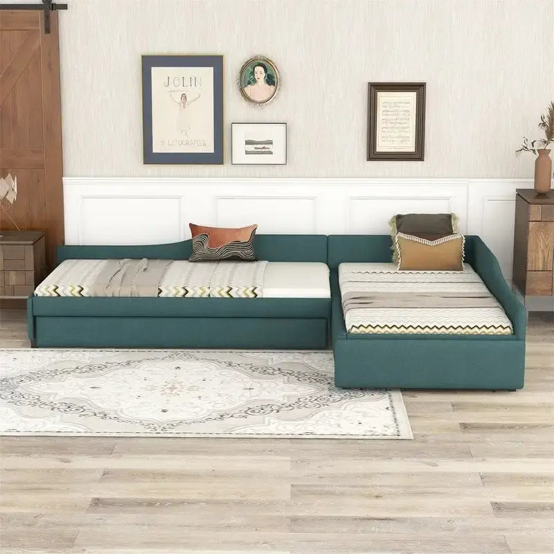 Lit de repos double en forme de L avec lit gigogne, lit de repos rembourré avec tiroir de rangement, lit plateforme double jumeau pour chambre à coucher