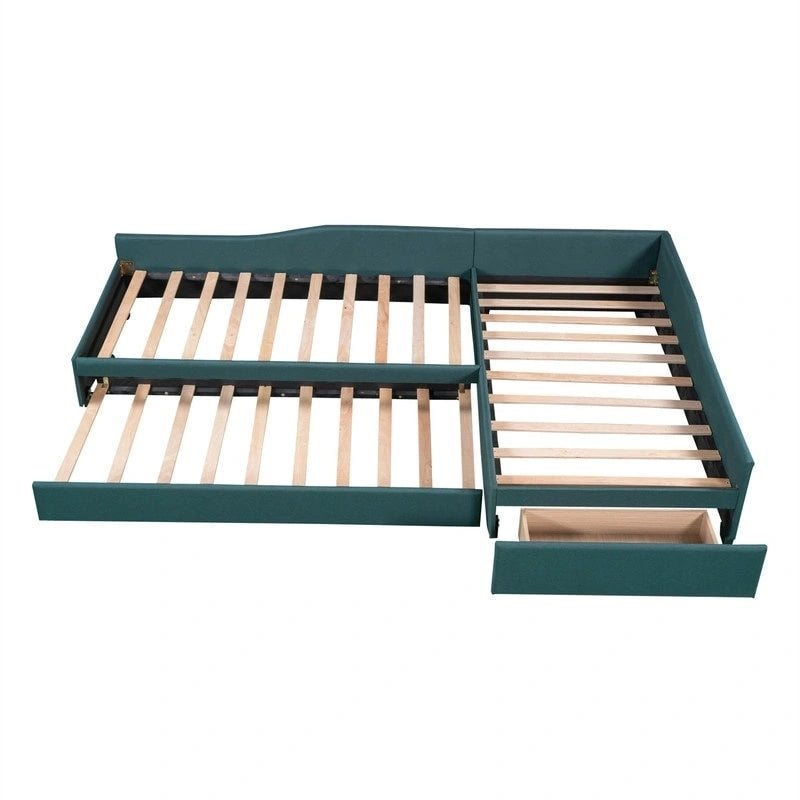 Lit de repos double en forme de L avec lit gigogne, lit de repos rembourré avec tiroir de rangement, lit plateforme double jumeau pour chambre à coucher