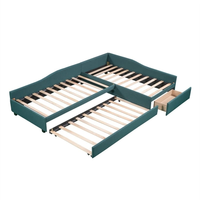 Lit de repos double en forme de L avec lit gigogne, lit de repos rembourré avec tiroir de rangement, lit plateforme double jumeau pour chambre à coucher