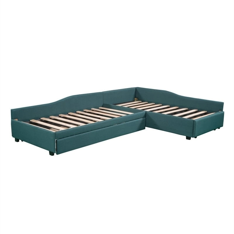 Lit de repos double en forme de L avec lit gigogne, lit de repos rembourré avec tiroir de rangement, lit plateforme double jumeau pour chambre à coucher