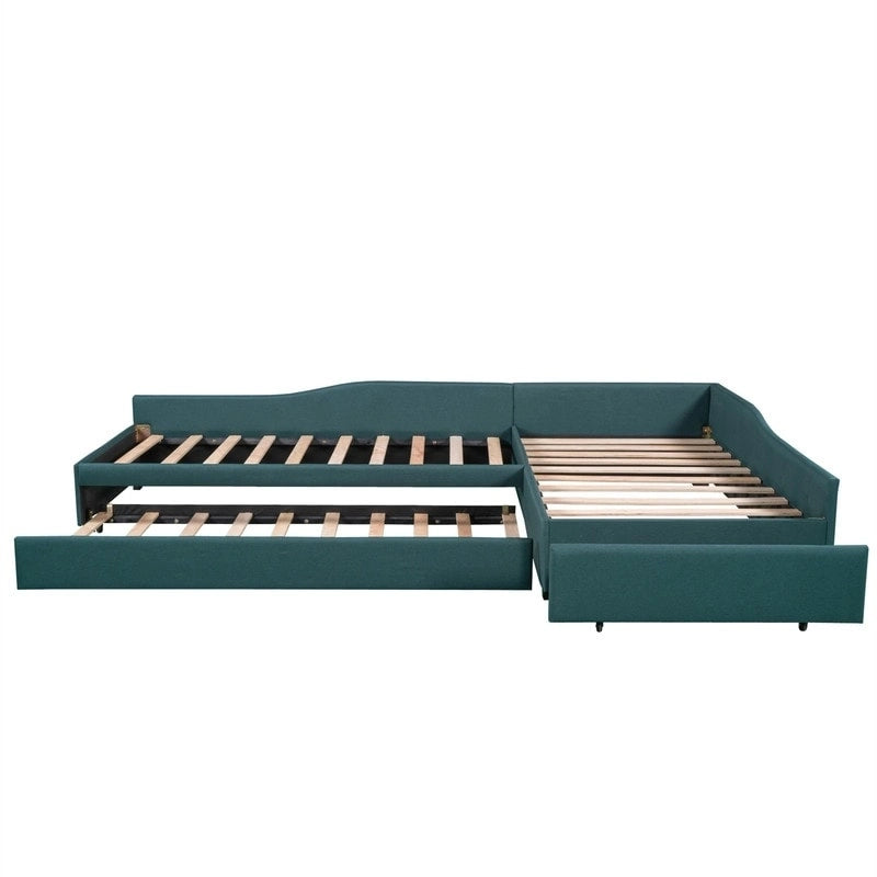 Lit de repos double en forme de L avec lit gigogne, lit de repos rembourré avec tiroir de rangement, lit plateforme double jumeau pour chambre à coucher