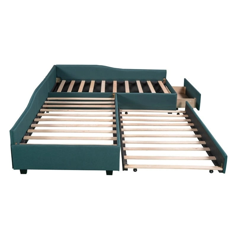 Lit de repos double en forme de L avec lit gigogne, lit de repos rembourré avec tiroir de rangement, lit plateforme double jumeau pour chambre à coucher