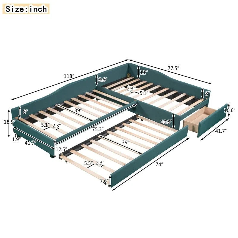 Lit de repos double en forme de L avec lit gigogne, lit de repos rembourré avec tiroir de rangement, lit plateforme double jumeau pour chambre à coucher