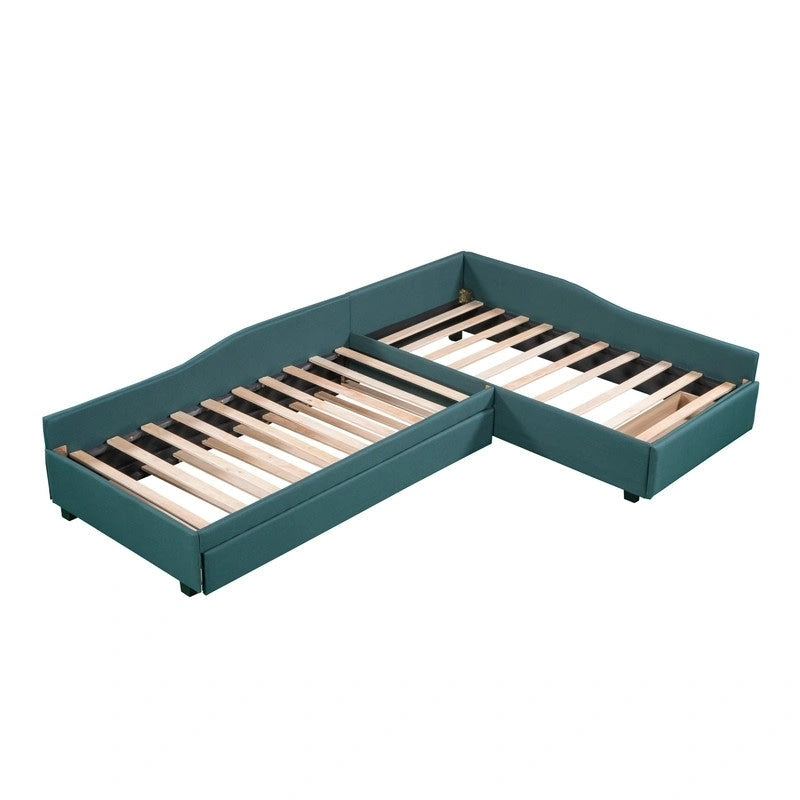 Lit de repos double en forme de L avec lit gigogne, lit de repos rembourré avec tiroir de rangement, lit plateforme double jumeau pour chambre à coucher