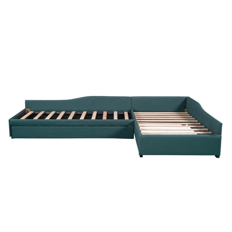 Lit de repos double en forme de L avec lit gigogne, lit de repos rembourré avec tiroir de rangement, lit plateforme double jumeau pour chambre à coucher