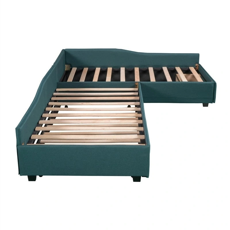 Lit de repos double en forme de L avec lit gigogne, lit de repos rembourré avec tiroir de rangement, lit plateforme double jumeau pour chambre à coucher
