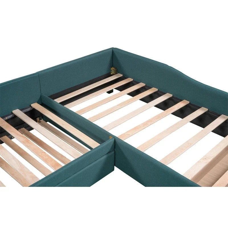 Lit de repos double en forme de L avec lit gigogne, lit de repos rembourré avec tiroir de rangement, lit plateforme double jumeau pour chambre à coucher
