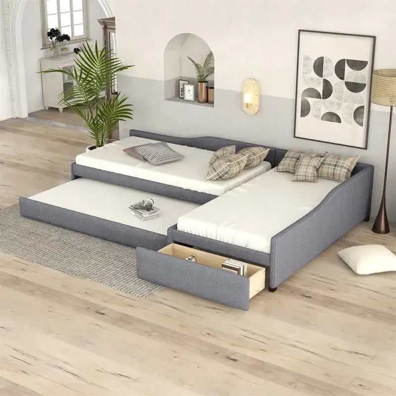 Lit de repos double en forme de L avec lit gigogne, lit de repos rembourré avec tiroir de rangement, lit plateforme double jumeau pour chambre à coucher