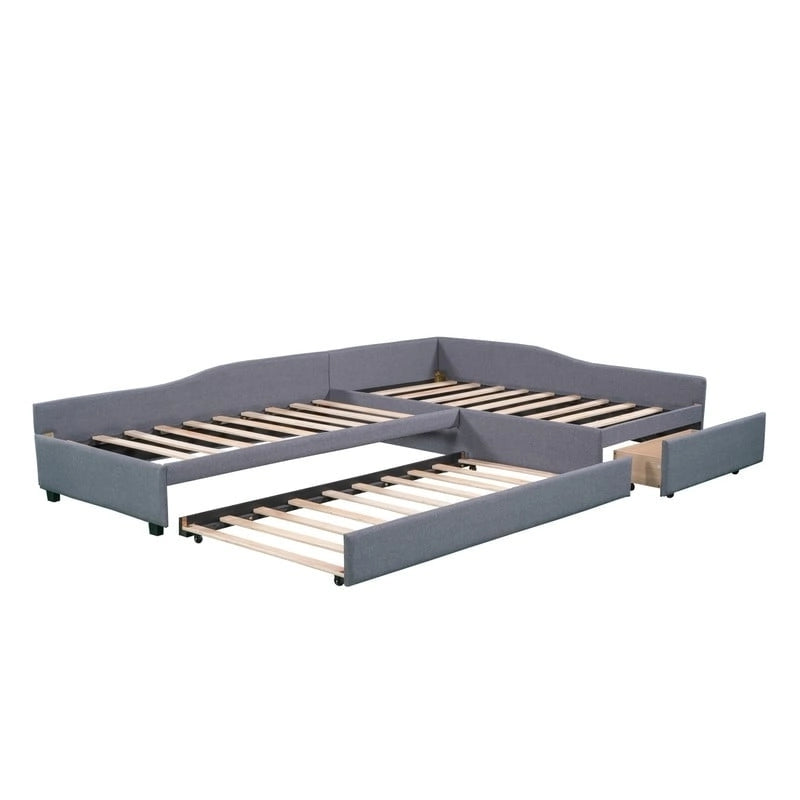 Lit de repos double en forme de L avec lit gigogne, lit de repos rembourré avec tiroir de rangement, lit plateforme double jumeau pour chambre à coucher