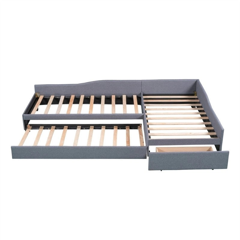 Lit de repos double en forme de L avec lit gigogne, lit de repos rembourré avec tiroir de rangement, lit plateforme double jumeau pour chambre à coucher