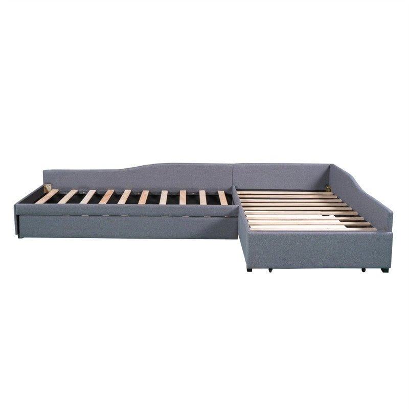 Lit de repos double en forme de L avec lit gigogne, lit de repos rembourré avec tiroir de rangement, lit plateforme double jumeau pour chambre à coucher