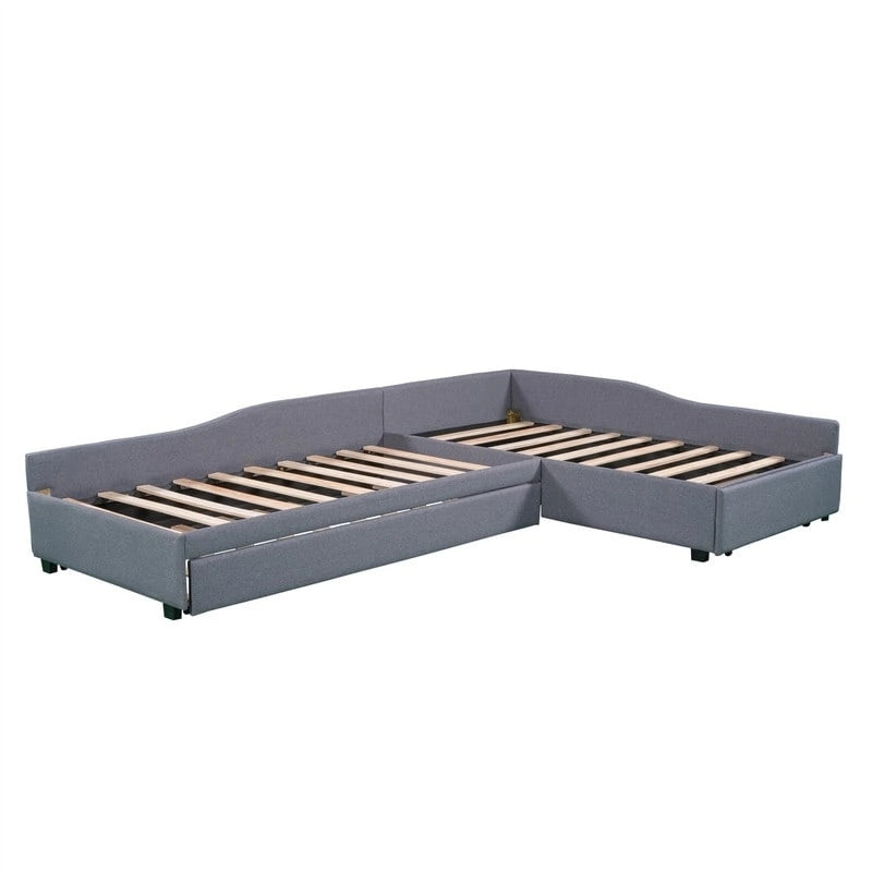 Lit de repos double en forme de L avec lit gigogne, lit de repos rembourré avec tiroir de rangement, lit plateforme double jumeau pour chambre à coucher