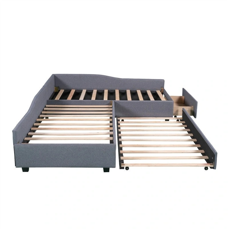 Lit de repos double en forme de L avec lit gigogne, lit de repos rembourré avec tiroir de rangement, lit plateforme double jumeau pour chambre à coucher