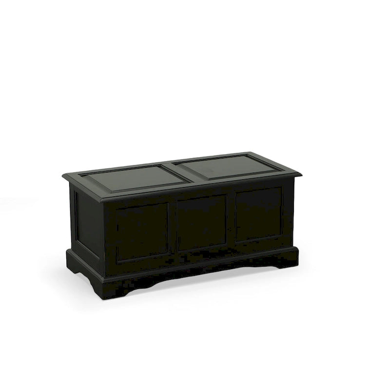 Malle en bois massif antique Devonshire noire avec couvercle à charnière pour rangement de chambre