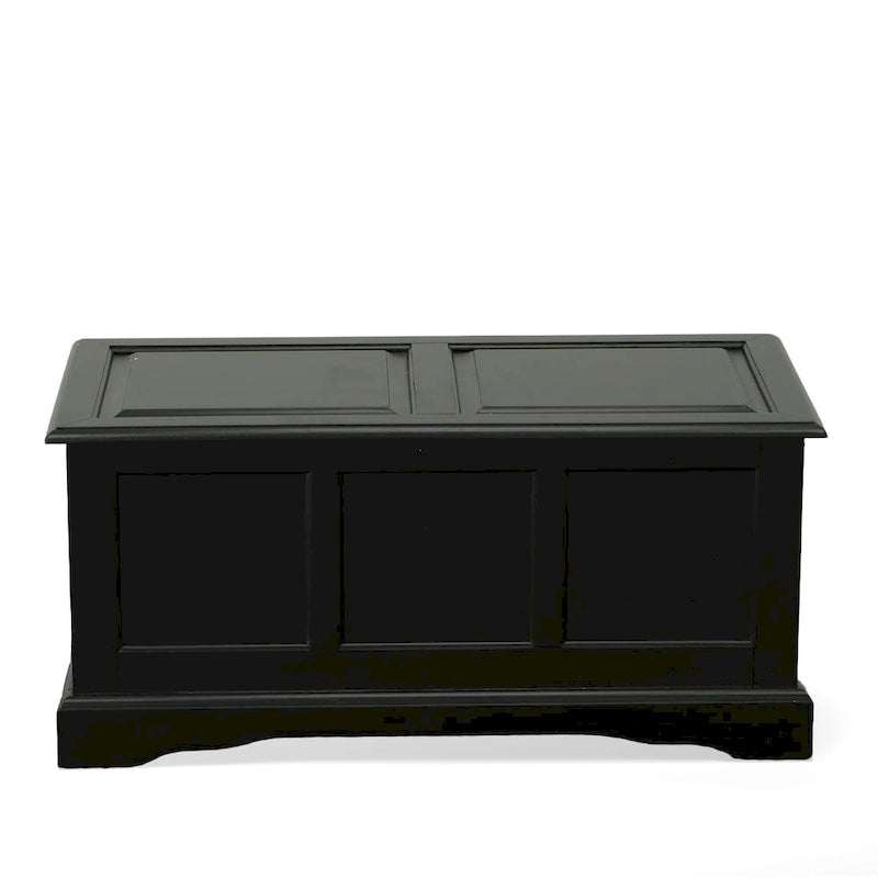 Malle en bois massif antique Devonshire noire avec couvercle à charnière pour rangement de chambre