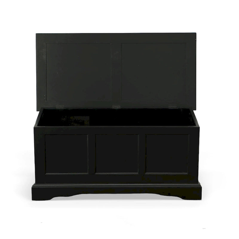 Malle en bois massif antique Devonshire noire avec couvercle à charnière pour rangement de chambre