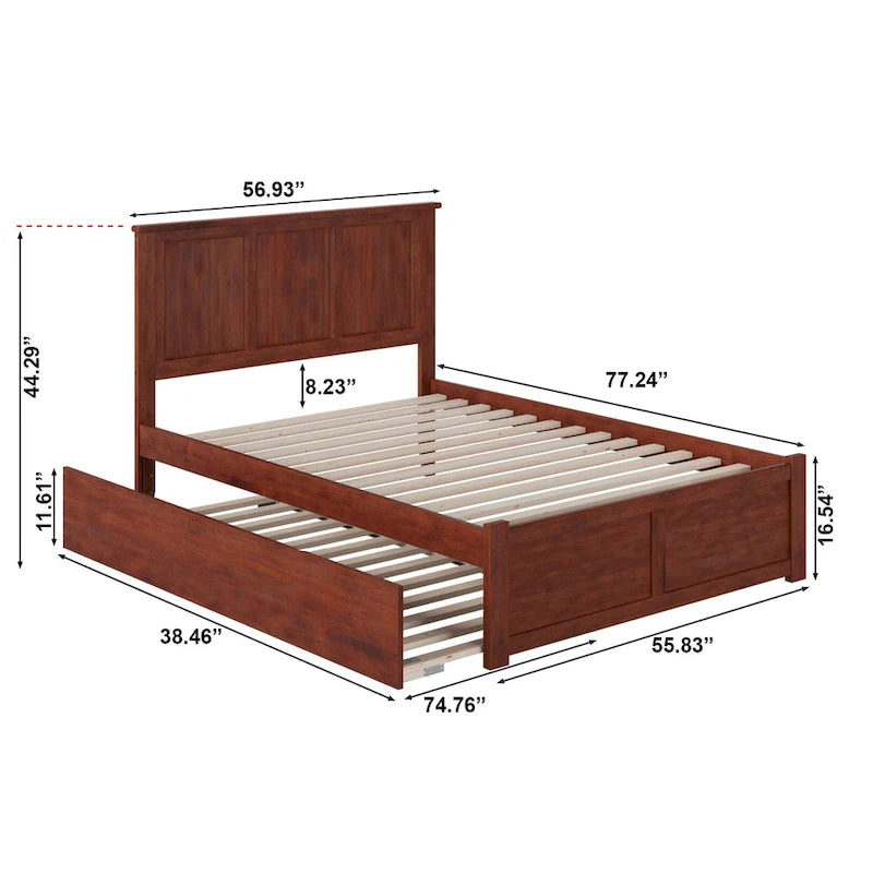Lit plateforme double avec pied de lit et lit gigogne simple couleur noyer
