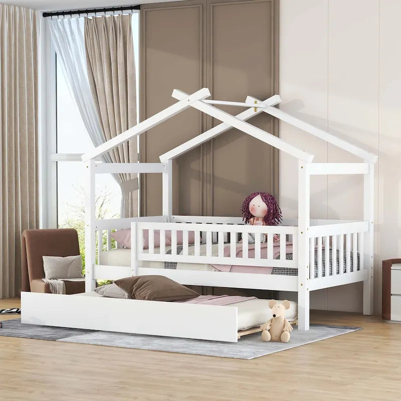 Lit cabane en bois avec lit gigogne double