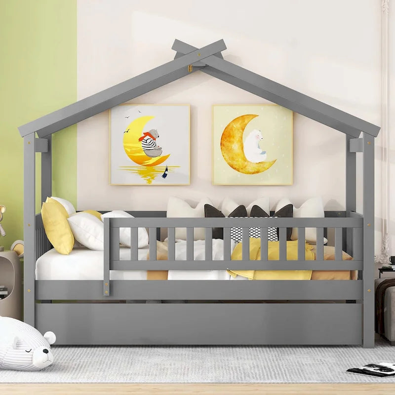 Lit cabane en bois avec lit gigogne double