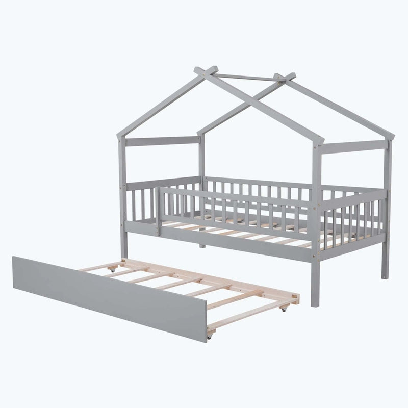 Lit cabane en bois avec lit gigogne double