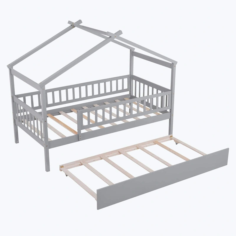Lit cabane en bois avec lit gigogne double