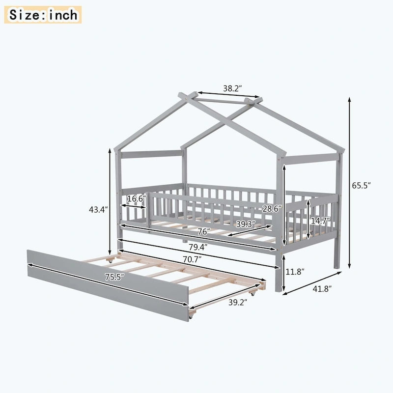 Lit cabane en bois avec lit gigogne double