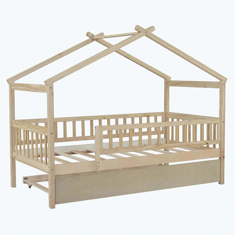 Lit cabane en bois avec lit gigogne double