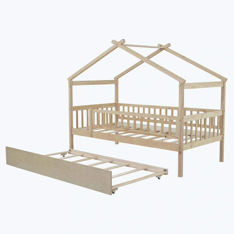 Lit cabane en bois avec lit gigogne double