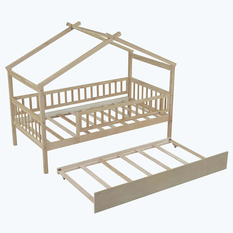Lit cabane en bois avec lit gigogne double