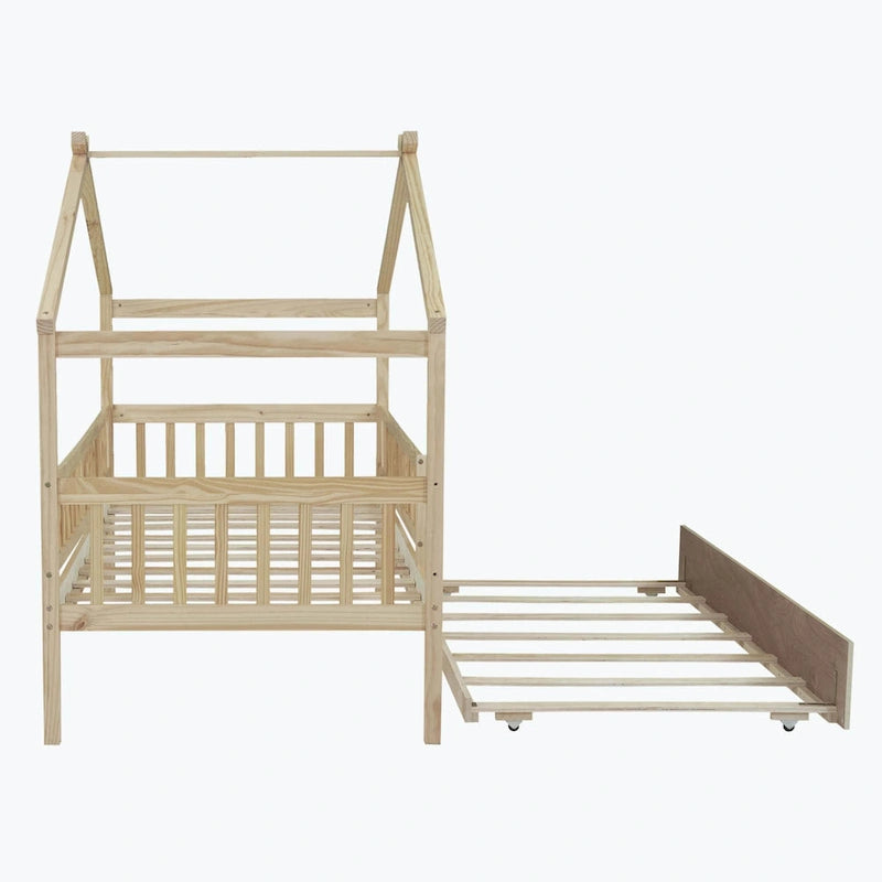 Lit cabane en bois avec lit gigogne double