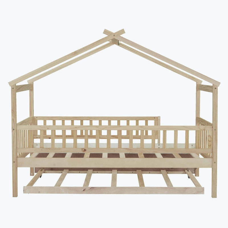 Lit cabane en bois avec lit gigogne double