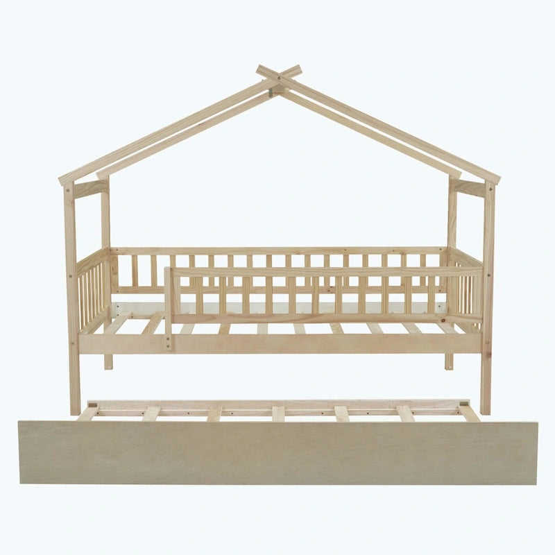 Lit cabane en bois avec lit gigogne double