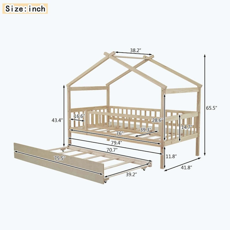 Lit cabane en bois avec lit gigogne double