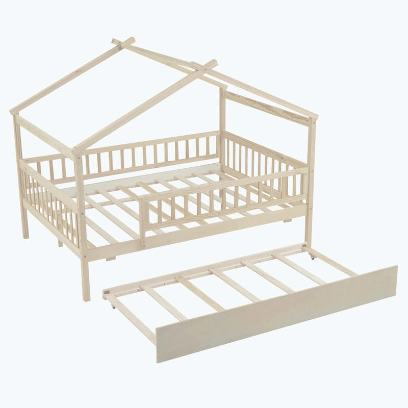 Lit cabane en bois avec lit gigogne double