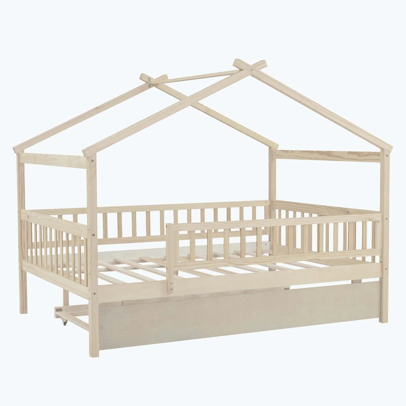 Lit cabane en bois avec lit gigogne double