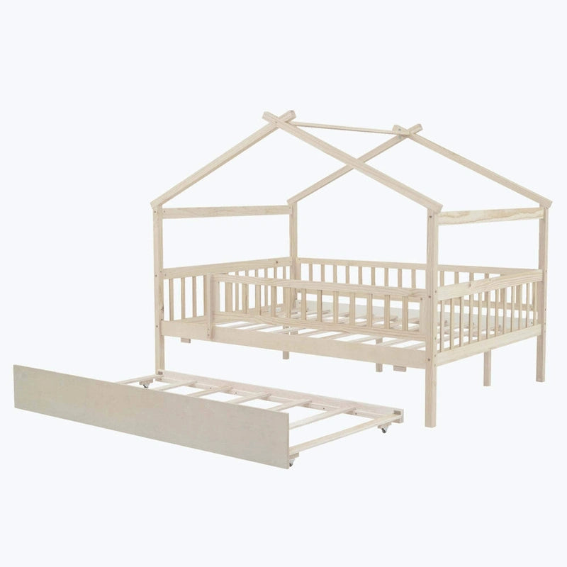 Lit cabane en bois avec lit gigogne double