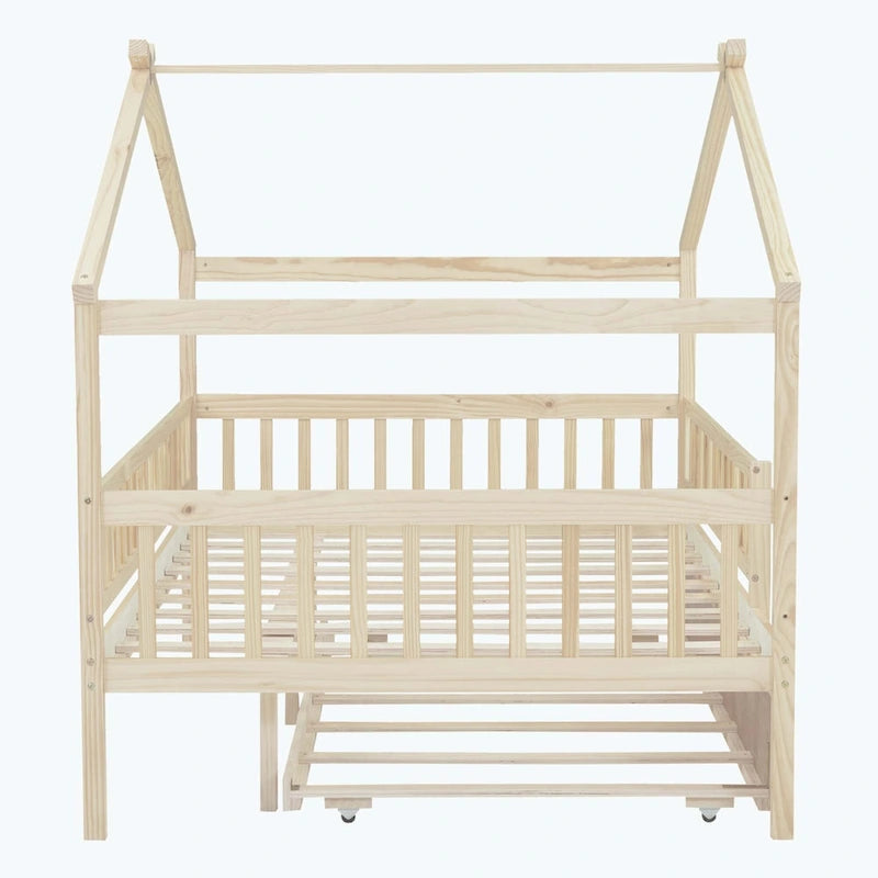 Lit cabane en bois avec lit gigogne double