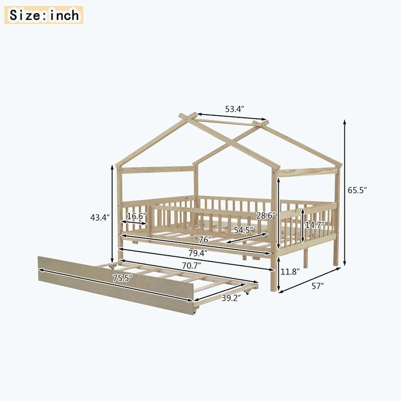 Lit cabane en bois avec lit gigogne double