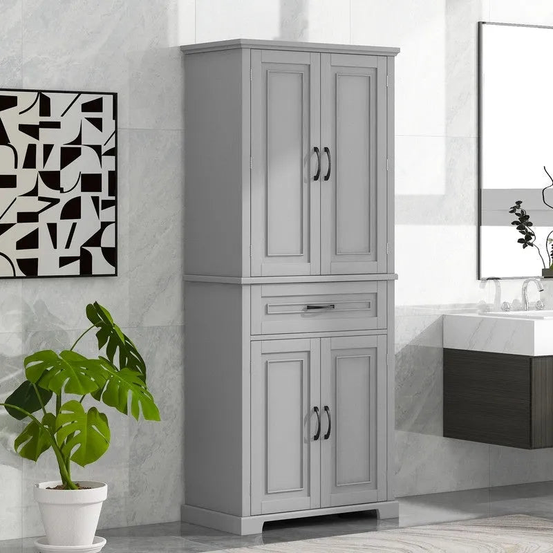 Meuble de Rangement Salle de Bain Haut de 183 cm avec Portes et Tiroir, Espaces de Rangement Multiples, Étagère Réglable, Gris