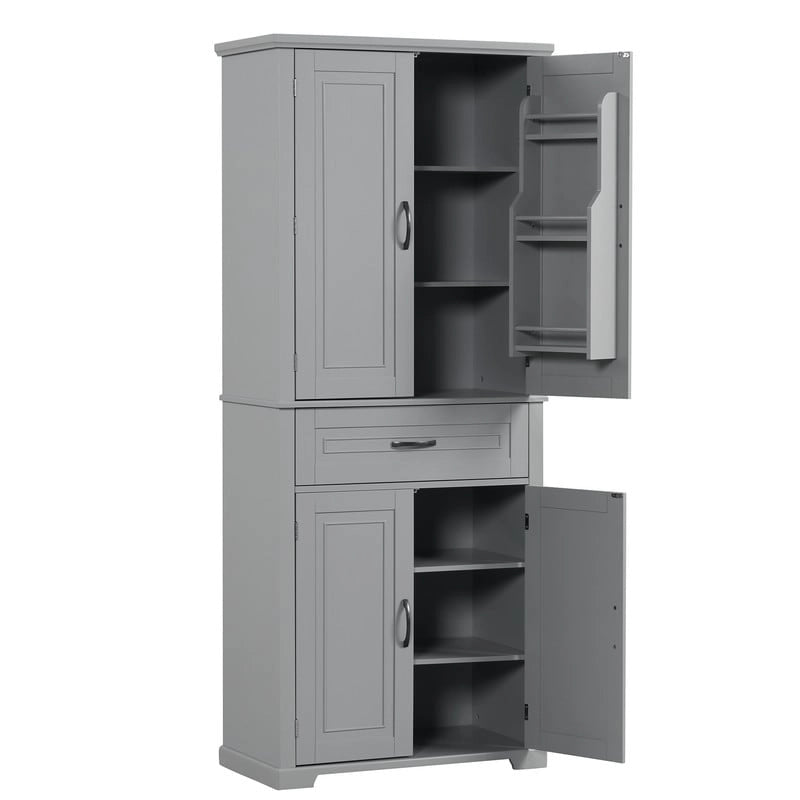 Meuble de Rangement Salle de Bain Haut de 183 cm avec Portes et Tiroir, Espaces de Rangement Multiples, Étagère Réglable, Gris