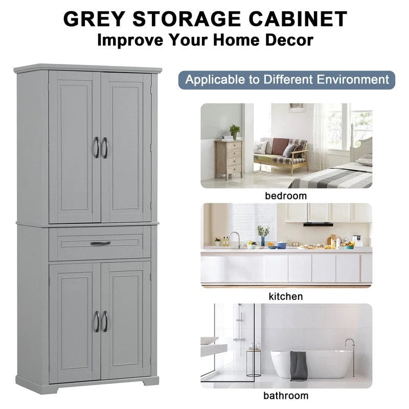 Meuble de Rangement Salle de Bain Haut de 183 cm avec Portes et Tiroir, Espaces de Rangement Multiples, Étagère Réglable, Gris