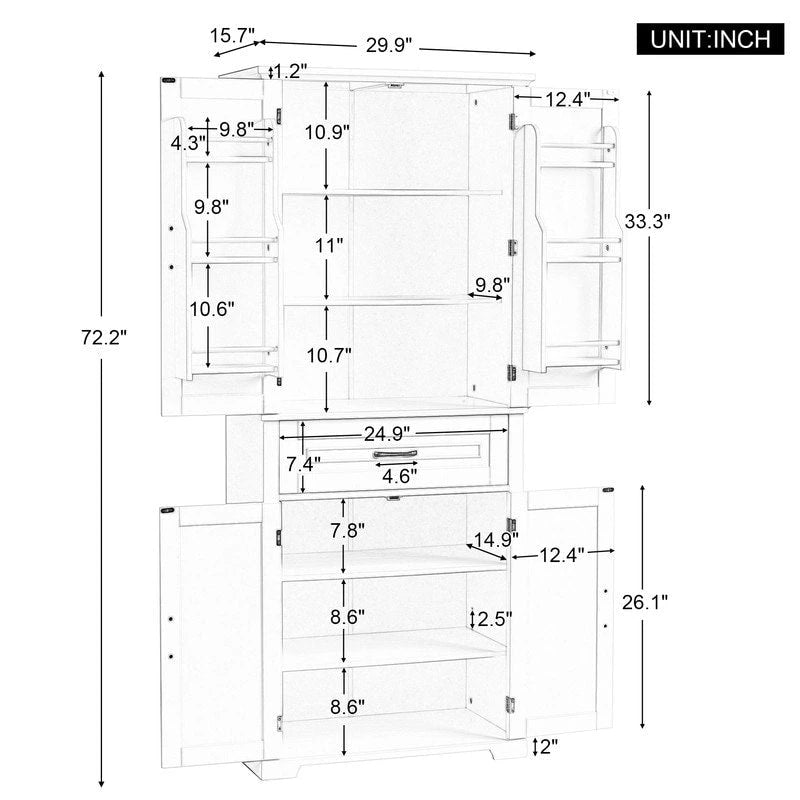 Meuble de Rangement Salle de Bain Haut de 183 cm avec Portes et Tiroir, Espaces de Rangement Multiples, Étagère Réglable, Gris