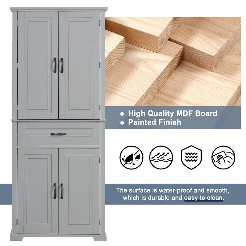 Meuble de Rangement Salle de Bain Haut de 183 cm avec Portes et Tiroir, Espaces de Rangement Multiples, Étagère Réglable, Gris