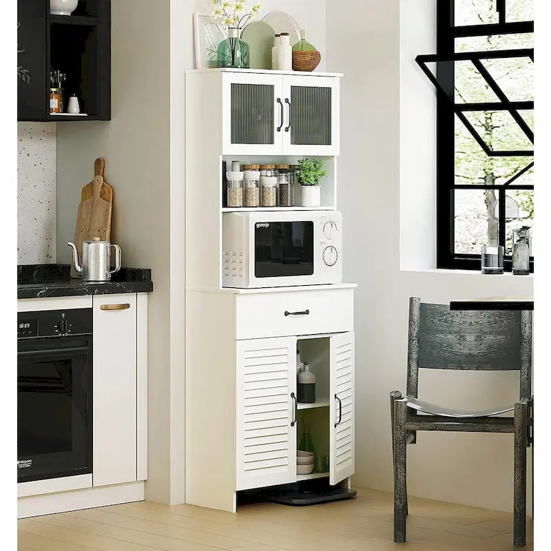 Meuble autoportant avec rangement fermé en haut et en bas, meuble haut avec portes et tiroir, blanc