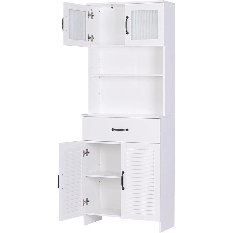 Meuble autoportant avec rangement fermé en haut et en bas, meuble haut avec portes et tiroir, blanc